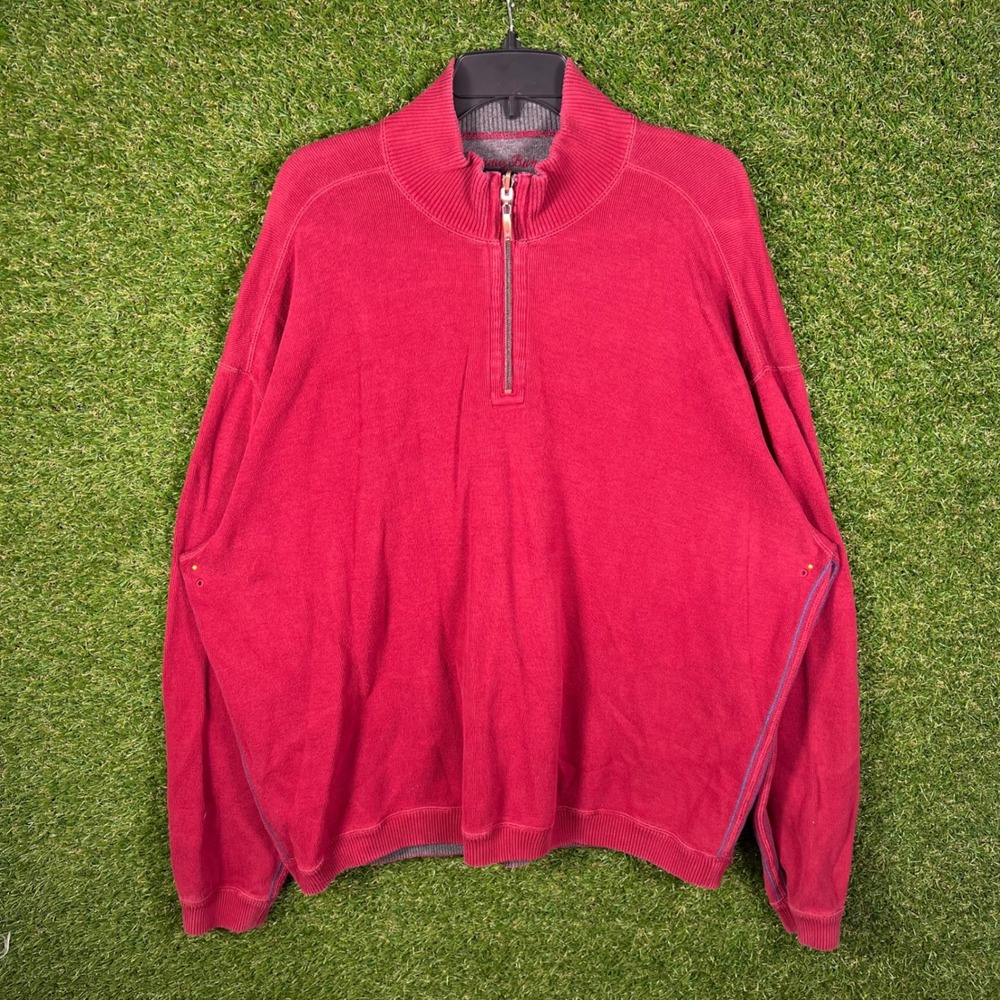 Tommy Bahama Mens Red Quarter Zip Ribbed Knit Pullover Sweater Size XL‎